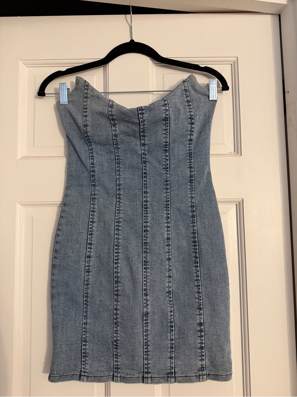 Bobbles and Lace Strapless Light Wash Denim dress - small